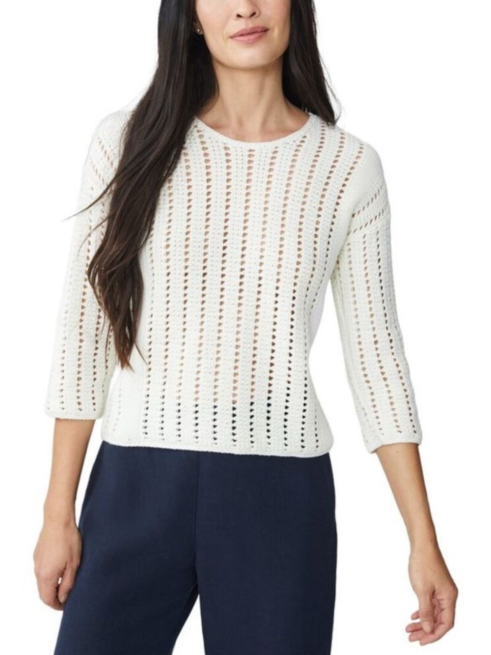 J. McLaughlin Keira Open-Knit Crochet Cream Crewneck Sweater Beach Cotton Sz XL